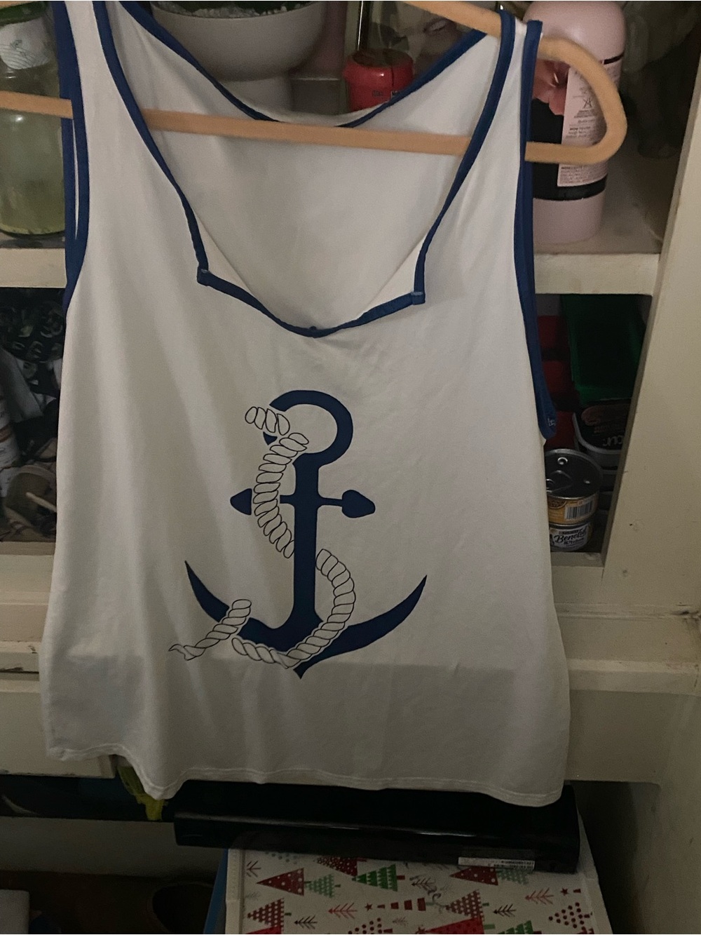 SHEIN White Tank Top with Navy Anchor Print